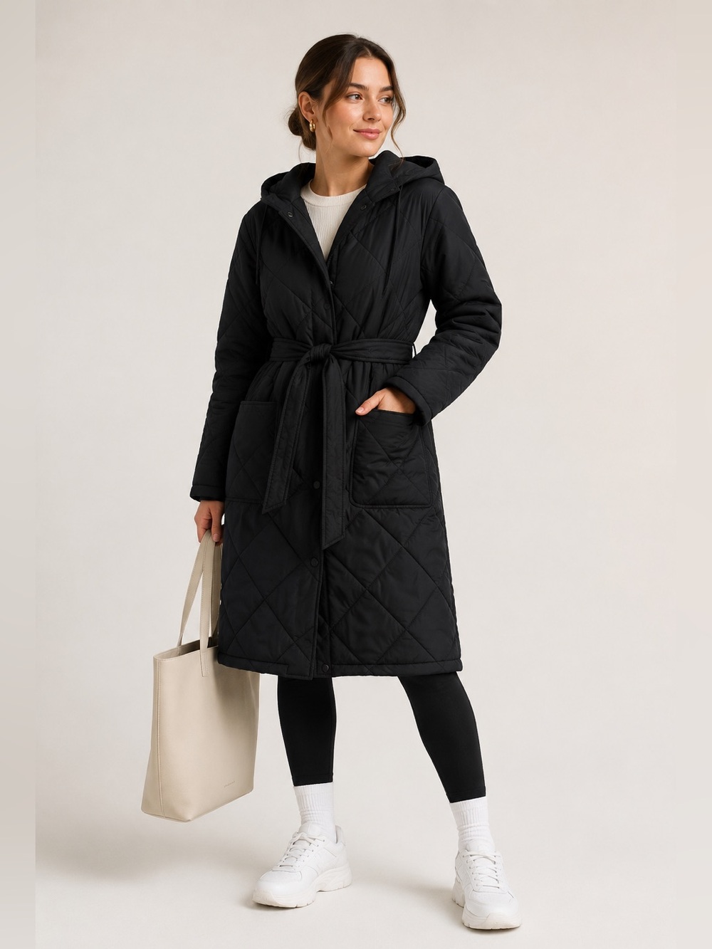Matt & Nat Dallas Womens Vegan Quilted Puffer Long Hooded BeltJacket Size Small